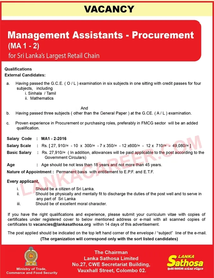 Lanka Sathosa Official Job Advertisement 2024