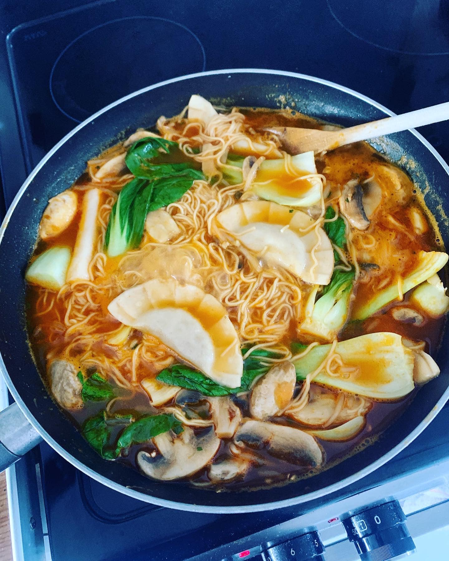 Shrimp ramen with handmade dumplings & kimchi