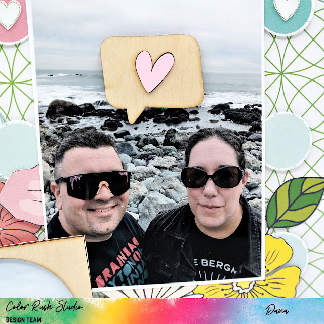 Vacation scrapbook layout with DIY punched circles and fussy cut paper embellishments created with the exclusive Color Rush Studio May Color Club Kit.