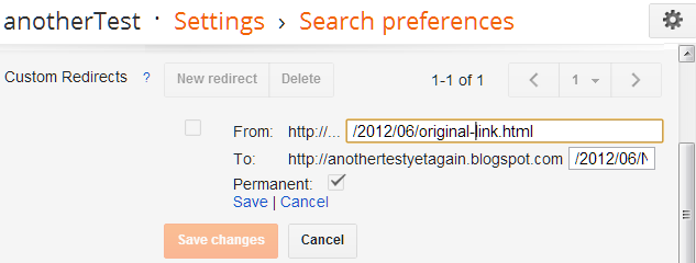picture of the Settings > Search Preferences > add re-direction settings screen in Google's Blogger tool