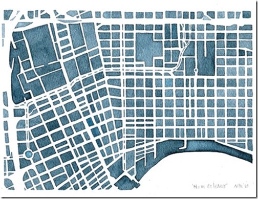 new olreans watercolor map via aemcdraw on etsy