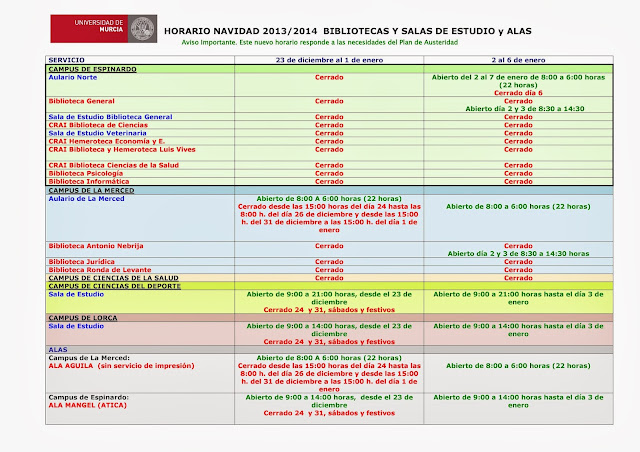  HORARIO NAVIDAD 2013/2014 BIBLI OTECAS Y SALAS DE ESTUDIO y ALAS 