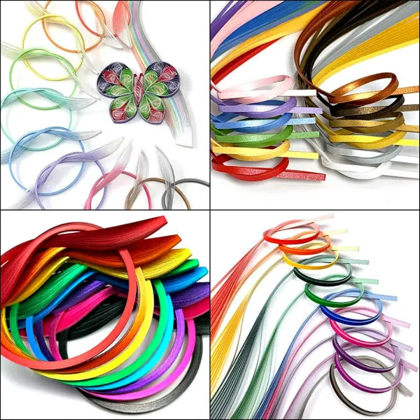 collage of four types of colorful quilling strip skeins.