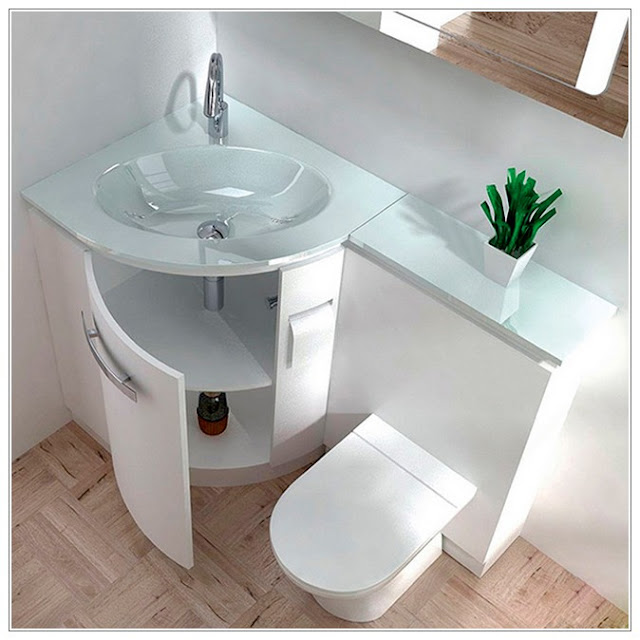 glass corner bathroom sink design with cabinet white color with tankless toilet