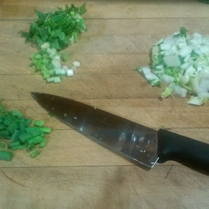 chop bok choy and scallions