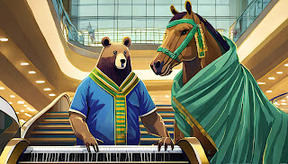 A bear wearing a blue and gold t-shirt and a mustang wearing a green and gold blanket in a shopping mall