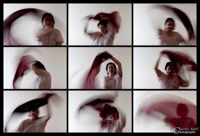 six panels with a woman in a nightgown swirling in a blur with a scarf