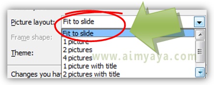  Gambar:  Cara memilih layout gambar yang akan digunakan dalam photo album di microsoft powerpoint 