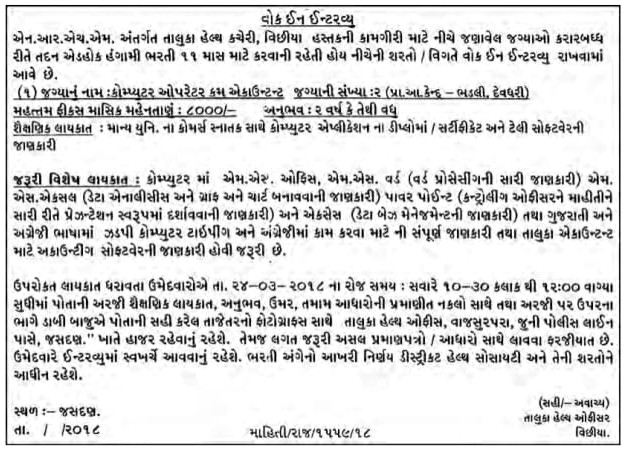 Taluka Health Office, Vinchhiya Recruitment for Computer Operator cum Accountant Posts 2018