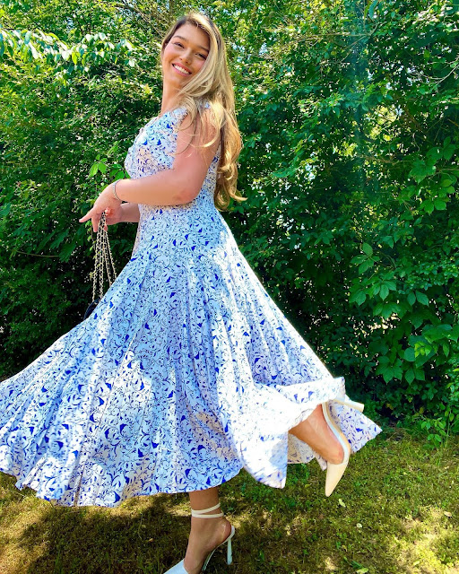 Ariel Long – Most Beautiful Trans Woman Fashion in Blue Print Midi Dress Instagram Photos