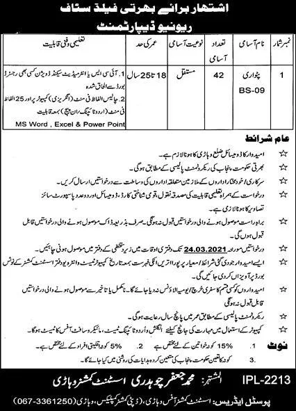 Patwari Jobs In Punjab Pakistan 2021 Revenue Department