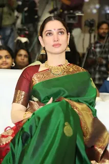 Tamannaah Bhatia in a dark green Kanchipuram saree with maroon border at Odela 2 pre-release event