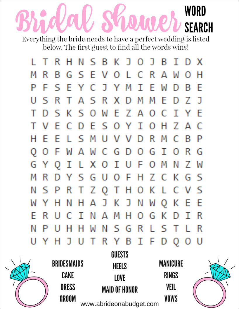 Bridal Shower Word Search Game Free Printable A Bride On A Budget