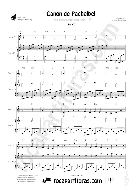 Hoja 1 Canon de Pachelbel para Piano en Do Mayor Partitura a dos manos. El arreglo lleva la Melodía a dos voces adaptada junto al acompañamiento fácil. Pianists Sheet Music for 2 Piano in C (easy accompaniment) by Pachelbel