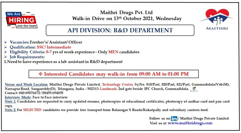 Job Availables,Maithri Drugs Pvt. Ltd Walk-In-Interview For R&D DEPARTMENT