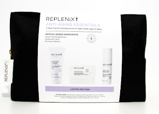"A sleek and elegant set of three skincare products from Replenix, displayed against a clean, white background. The set includes a compact bottle of Antioxidant Hydrating Cleanser, a slender tube of Hyaluronic Acid Hydration Serum, and a chic container of Retinol 5x Regenerate Dry Serum. Each product is distinctively labeled, showcasing the Replenix brand logo, and the overall presentation exudes a sense of luxury and advanced skincare technology.