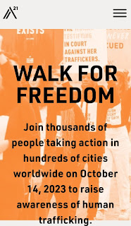 Human trafficking Awareness walk image shows orange and white photo of people walking with the words: Walk for Freedom- Join thousands of people taking action in hundreds of cities worldwide on October 14, 2023 to raise awareness of human trafficking.- superimposed in black font