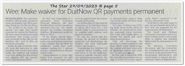 Wee: Make waiver for DuitNow QR payments permanent - Keratan akhbar The Star 29 September 2023