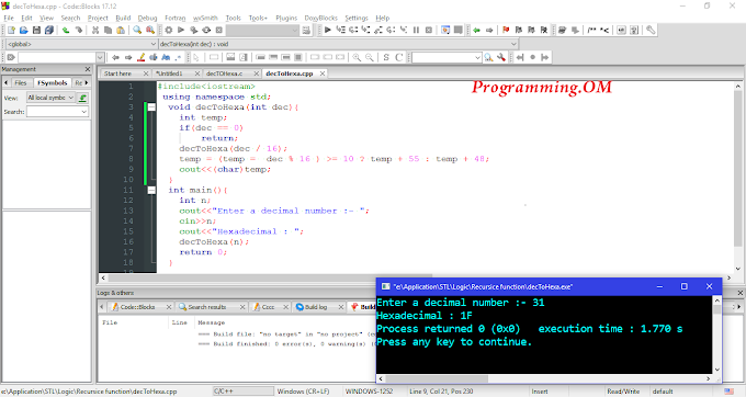 Program in C and C++ to Convert Decimal to Hexadecimal number Using recursive function
