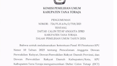 Pengumuman DCT Anggota DPRD Kabupaten Tana Toraja Pemilu 2024