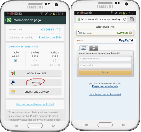 Guía. Pagar la suscripción anual de WhatsApp via PayPal en su Smartphone o Tablet (3G) android