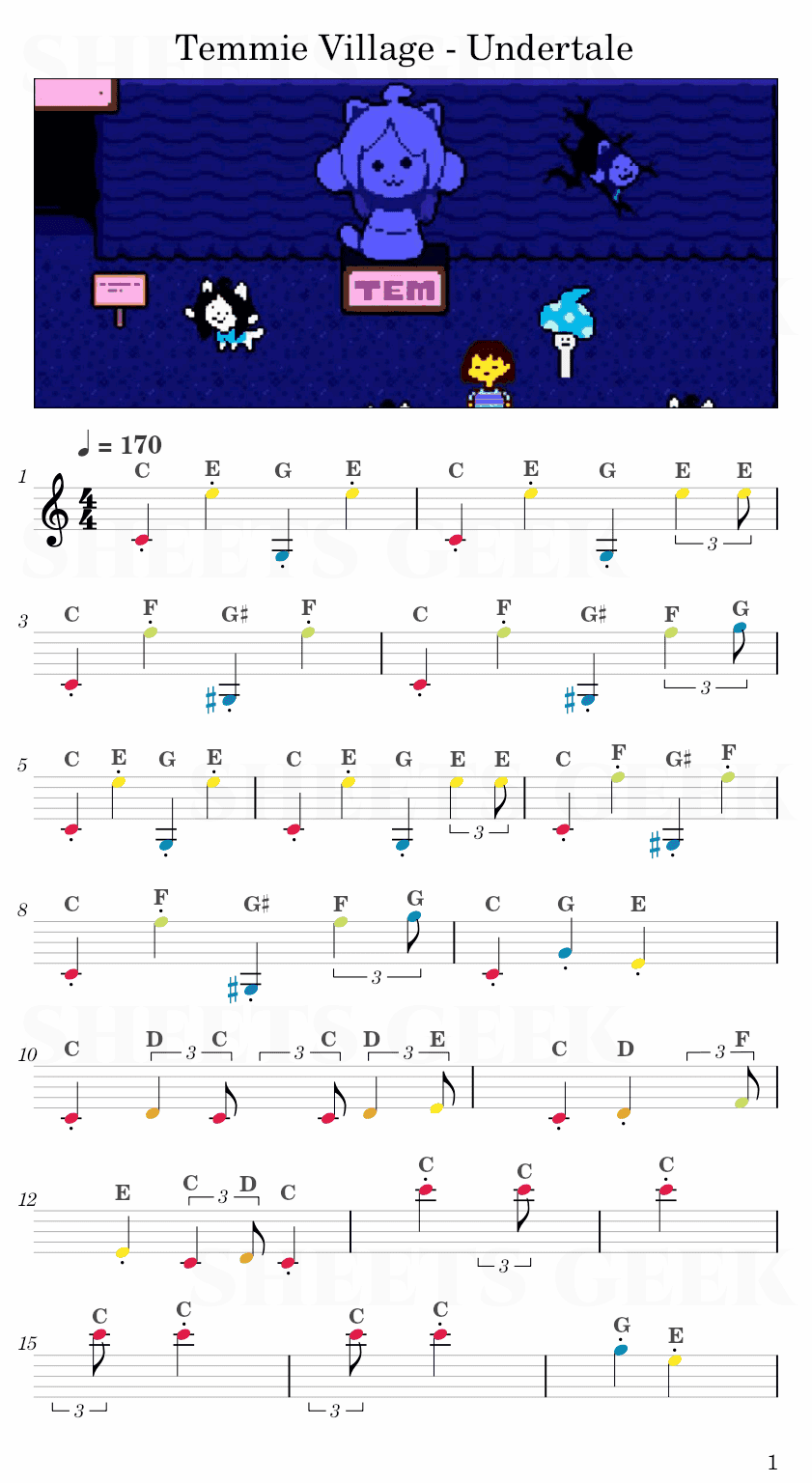 Temmie Village - Undertale Easy Sheet Music Free for piano, keyboard, flute, violin, sax, cello page 1