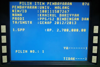 Pada layar ATM akan muncul data Cusomer dan jumlah tagihan yang harus dibayar. Pilih Tagihan yang akan dibayar, Jika benar tekan tombol YA.