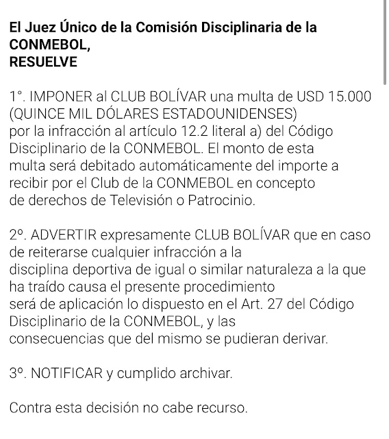 Conmebol impone a Nacional Potosí múltiples multas por un valor total de más de 36.000 dólares