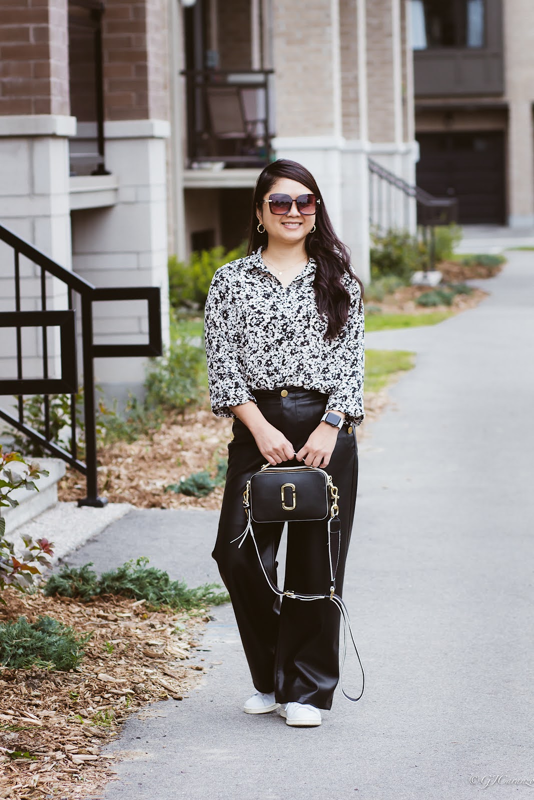 Faux Leather Pants | Floral Print Top | Adidas Stan Smith Shoes | Square Sunglasses | Marc Jacobs Sure Shot Bag | Petite Fashion | Casual Fashion