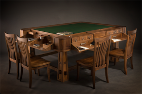 A deluxe gaming table, with recessed top to prevent dice from rolling off the edge, green felt cover, and fold-out writing surfaces that open to reveal drawers, cup holders, shelves and cubbies, and all sorts of other goodies, with two chairs on each side.