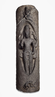 Shiva Lingodbhava.  A familiar representation of the lingam or phallus, the symbol of Shiva's creative power and of the strength which, according to his followers, makes him the greatest of the gods. Granite from Tanjore, tenth century. British Museum, London. 