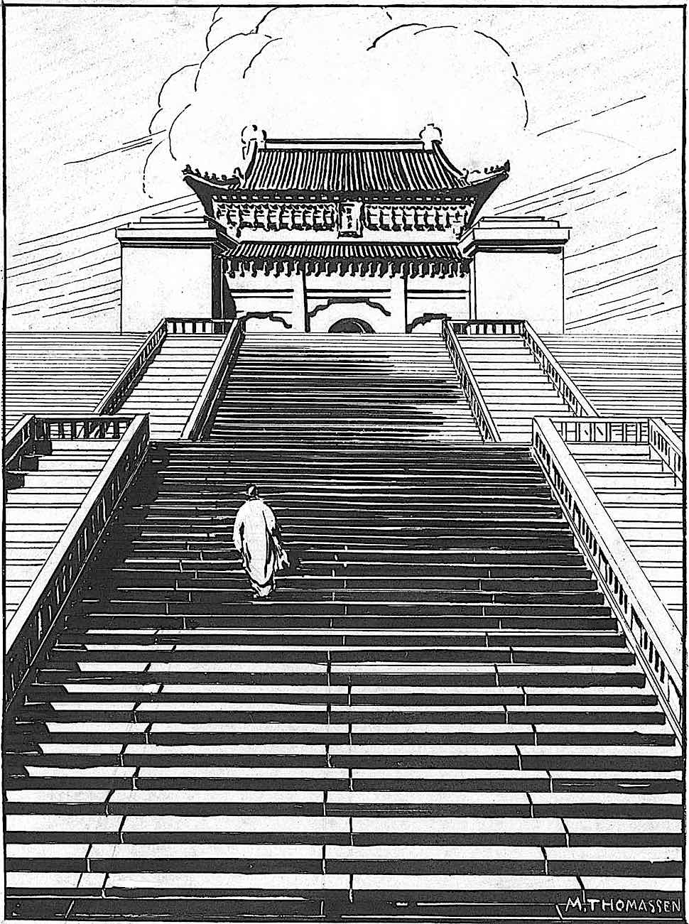 M. Thomassen 1930s, an Asian monk climbing many stone stairs