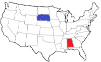 image of outine map of continental united states showing south dakota and alabama in color