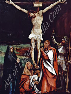 This is Grunewald's earliest depiction of the crucified Christ a subject he was to make his own. Longinus was the name given to the Roman centurion present at the Crucifixion who exclaimed (in the words of the inscription next to him) 'Vere fillius del erat ille' 'Truly this man was the son of God'. The gloomy landscape contributes much to the painting's mood. 