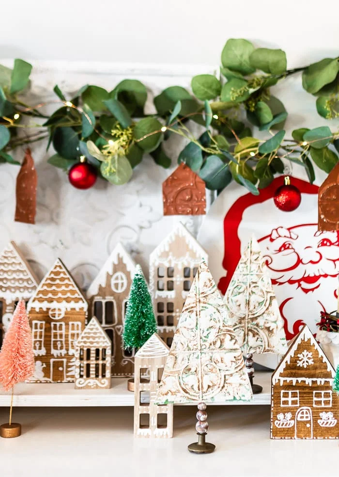 wood gingerbread houses, tile tree, bottle brush trees