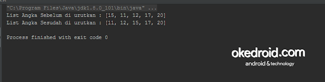 Output Hasil Contoh Program Mengurutkan Angka Integer  Sorting Array List pada Java 