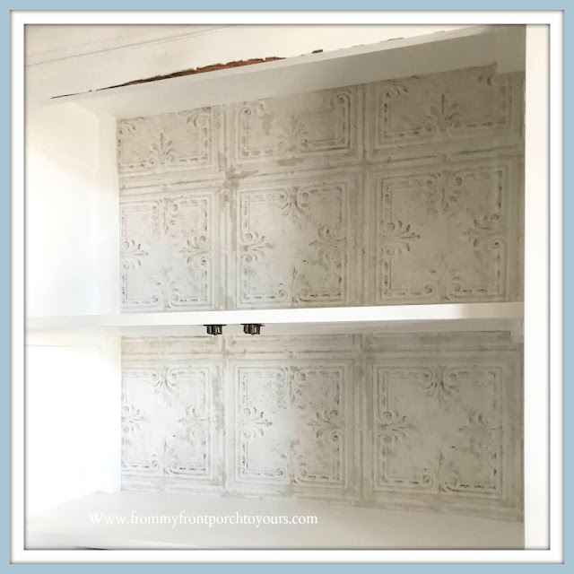 Cabinet- Shelving -Makeover-DIY-Tutorial-White-Faux-Tin-Peel & Stick-Wallpaper-Cottage Style-Farmhouse-Style-French-Country-From My Front Porch To Yours