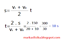 Kali ini markas fisika akan membagikan pembahasan soal tentang gerak untuk SMA, ada pun pembahasan soal nya seperti berikut, semoga bermanfaat..s = v1 + v0 / 2 di kali t, t = 2 di kali s / v1 + v0 = 2 di kali 150 / 20 + 10 = 300 / 30 = 10 s