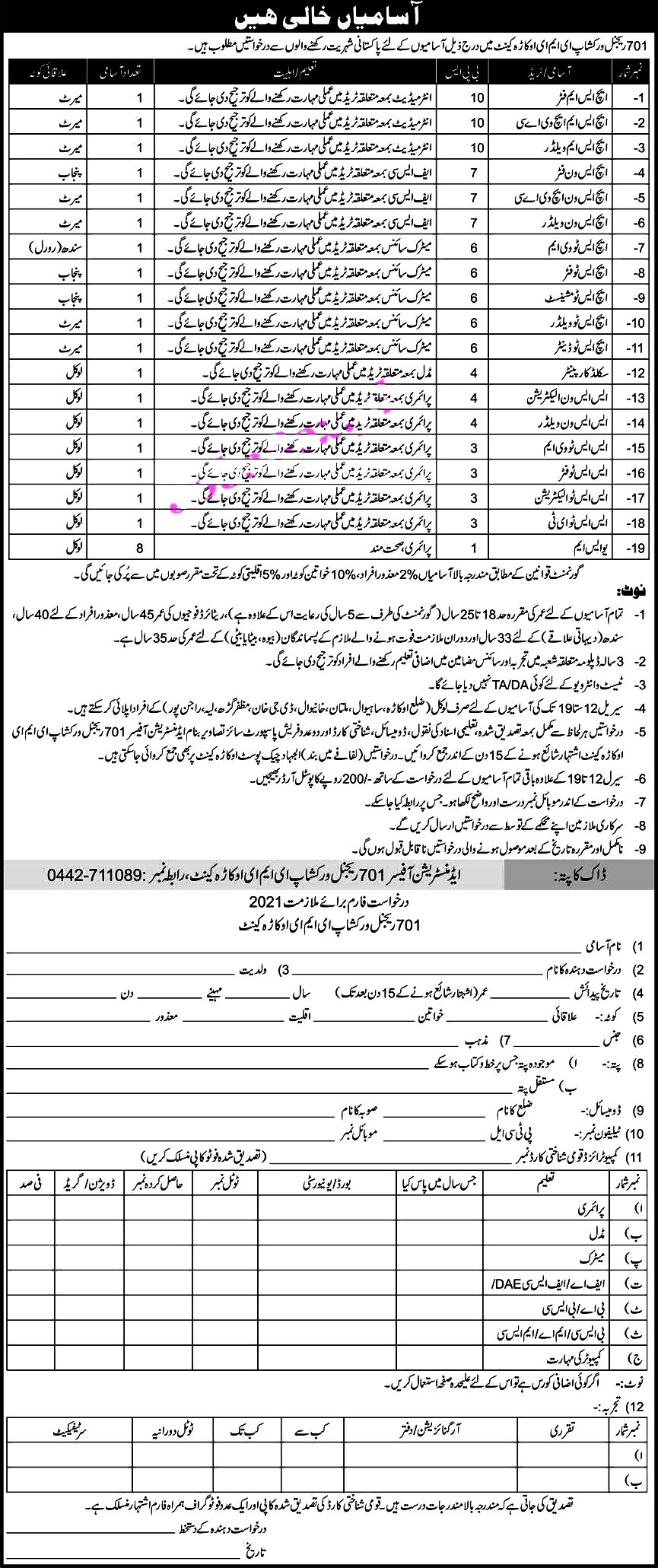 Latest Jobs in Pakistan Army 701 Regional Workshops EME Okara Cent 2021