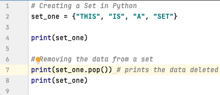 Remove data from a set using pop method