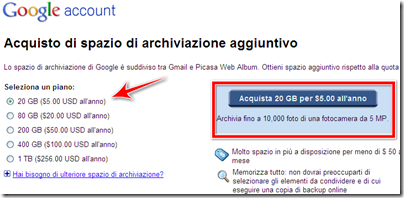 come acquistare spazio aggiuntivo picasa web blogger gmail