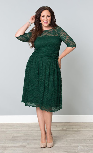 Lace Plus Size A-Line Crew Long Sleeves Knee-Length Green Dress