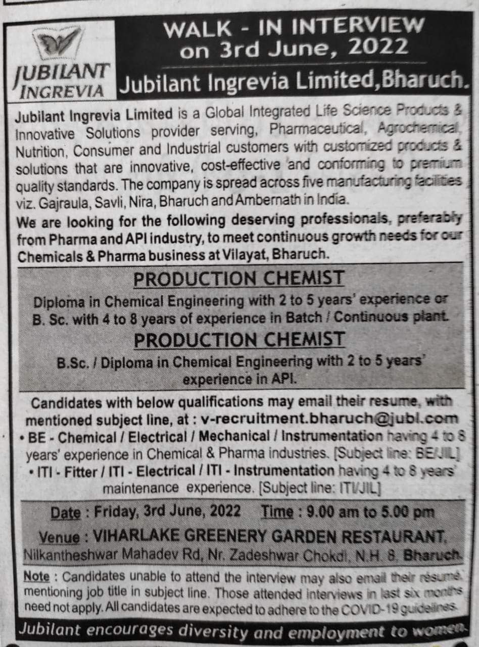 Job Available's for Jubilant Ingrevia Ltd Walk-In Interview for BSc/ Diploma in Chemical Engineering
