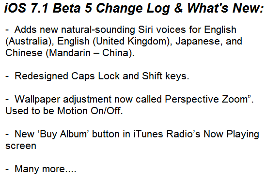 Apple iOS 7.1 Beta 5 Official Changelog