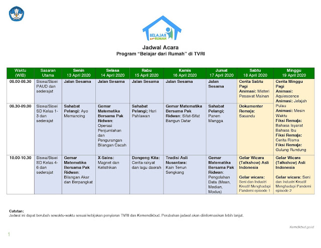 Jadwal Acara Program Belajar dari Rumah di TVRI