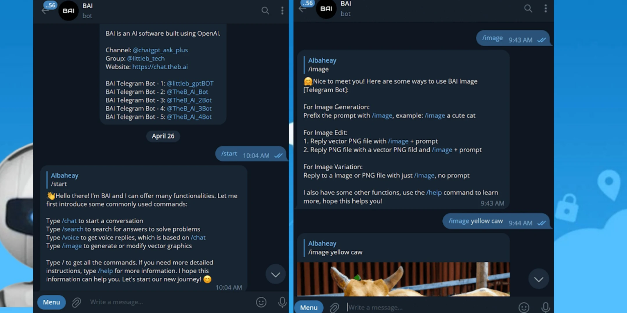 Telegram bot BAI for chatting with artificial intelligence via voice and images.