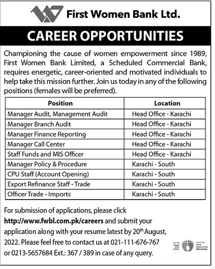 First Women Bank Ltd FWBL Jobs August 2022