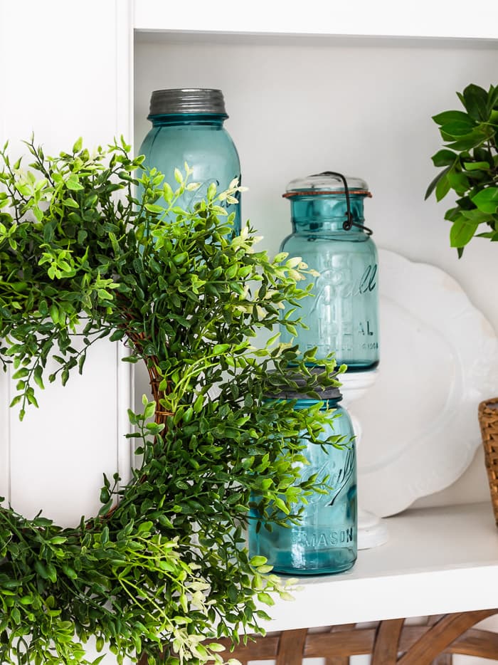greenery wreath, vintage blue mason jars