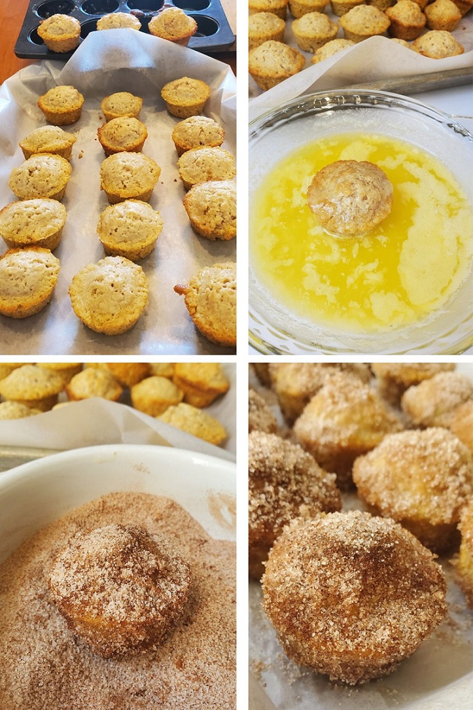 muffins cooling, collage of dipping these muffins in butter then cinnamon sugar and the end results on how they should look