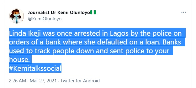 Kemi Olunloyo Attacks Linda Ikeji On Twitter, Claims She Was Arrested For Defaulting On A Loan